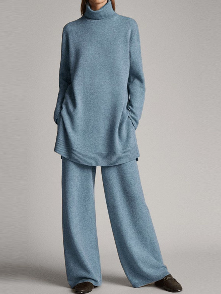 Women's Two-Piece Lounge Set with High Neck and Wide-Leg Pants, Relaxed Knit
