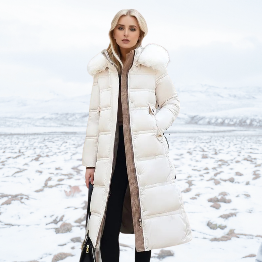 Women's Long Puffer Coat with High Collar and Quilted Fill, Full-Length Zipper