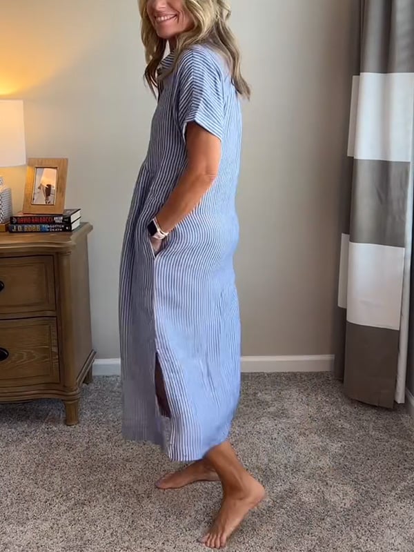 Button-Up Shirt with Collar and Vertical Stripes, Long Sleeve Relaxed Fit