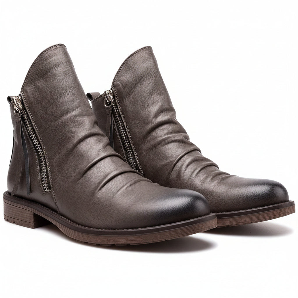 Mens Brown Leather Ankle Boots with Side Zipper and Cushioned Footbed