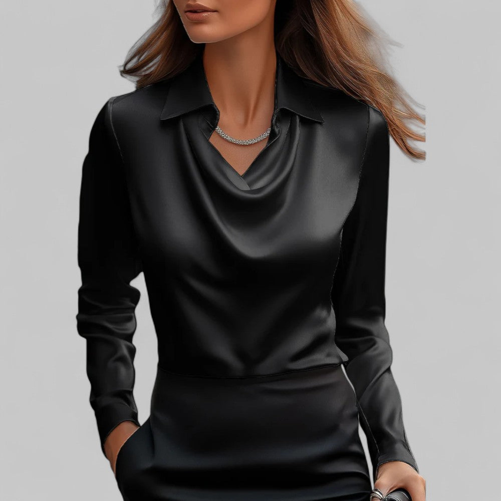 Women's Satin Blouse with Draped Neckline and Long Sleeves, Relaxed Tailored Fit