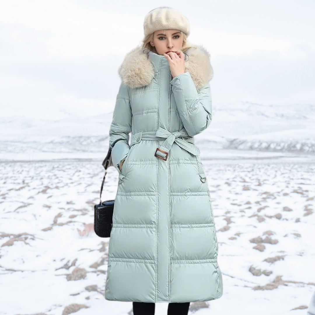 Women's Long Puffer Coat with High Collar and Quilted Fill, Full-Length Zipper