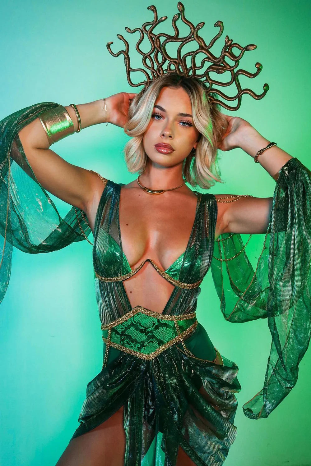 Mythological Snake Goddess Halloween Costume with Metallic Scale Print and Serpent Headpiece