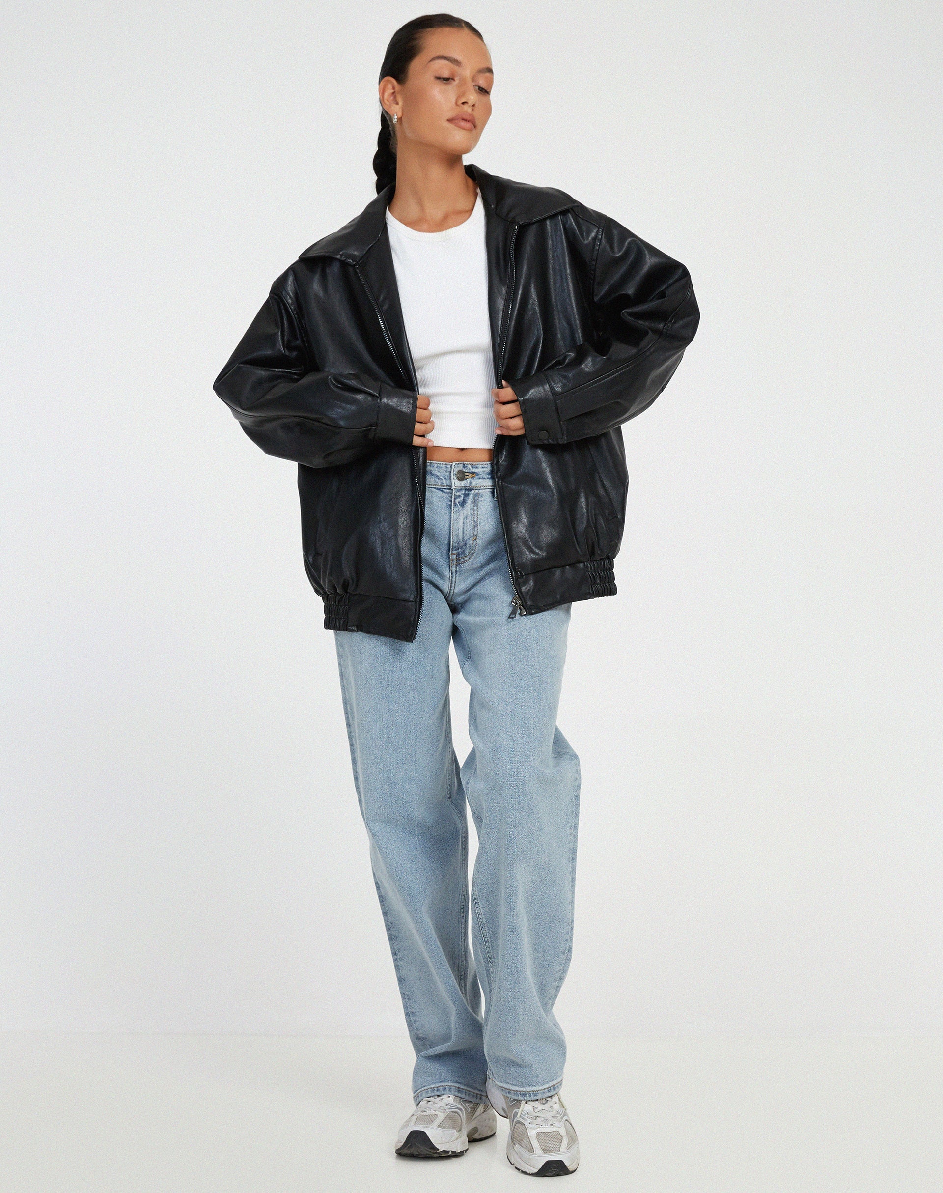 Oversized Leather Bomber Jacket with Boxy Dropped Shoulders and Elastic Hem for Women