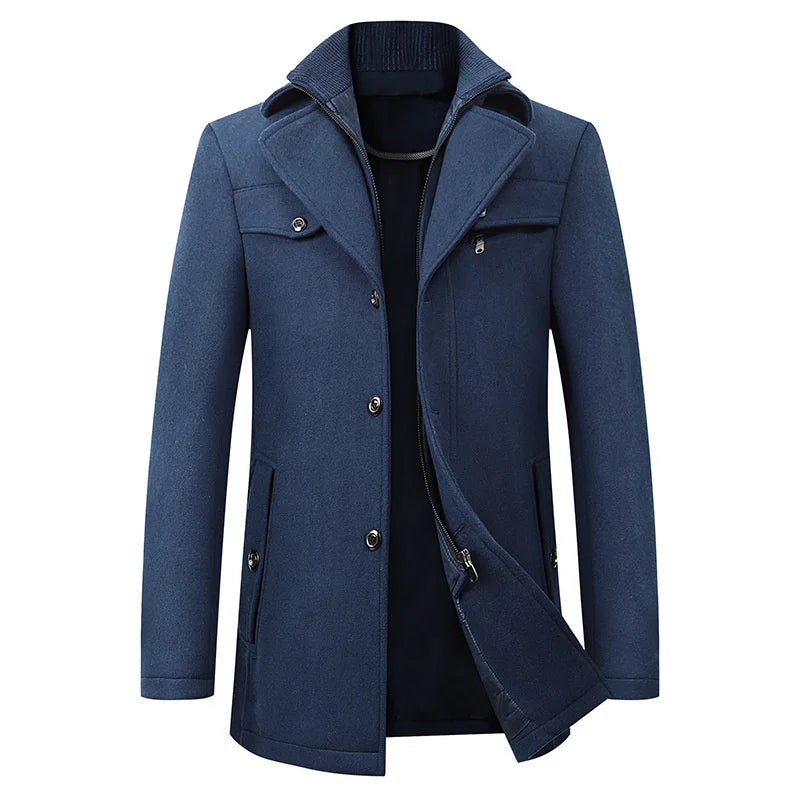 Men's Longline Overcoat with Wool Blend Fabric and Tailored Button Front, Knee-Length