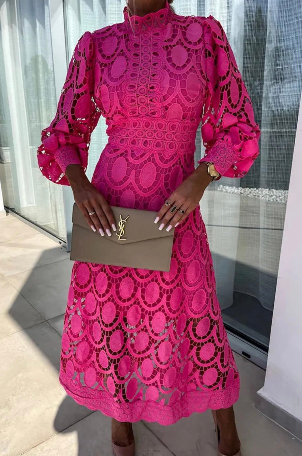 Midi Dress with Lace Overlay and Fitted Bodice