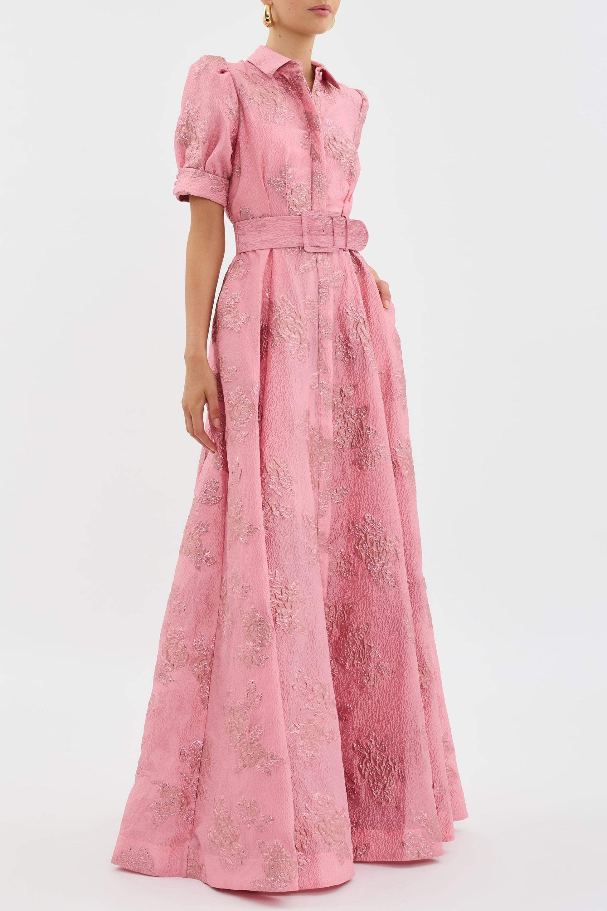 Women's Floral Dress with Puff Sleeves and Belted Waist