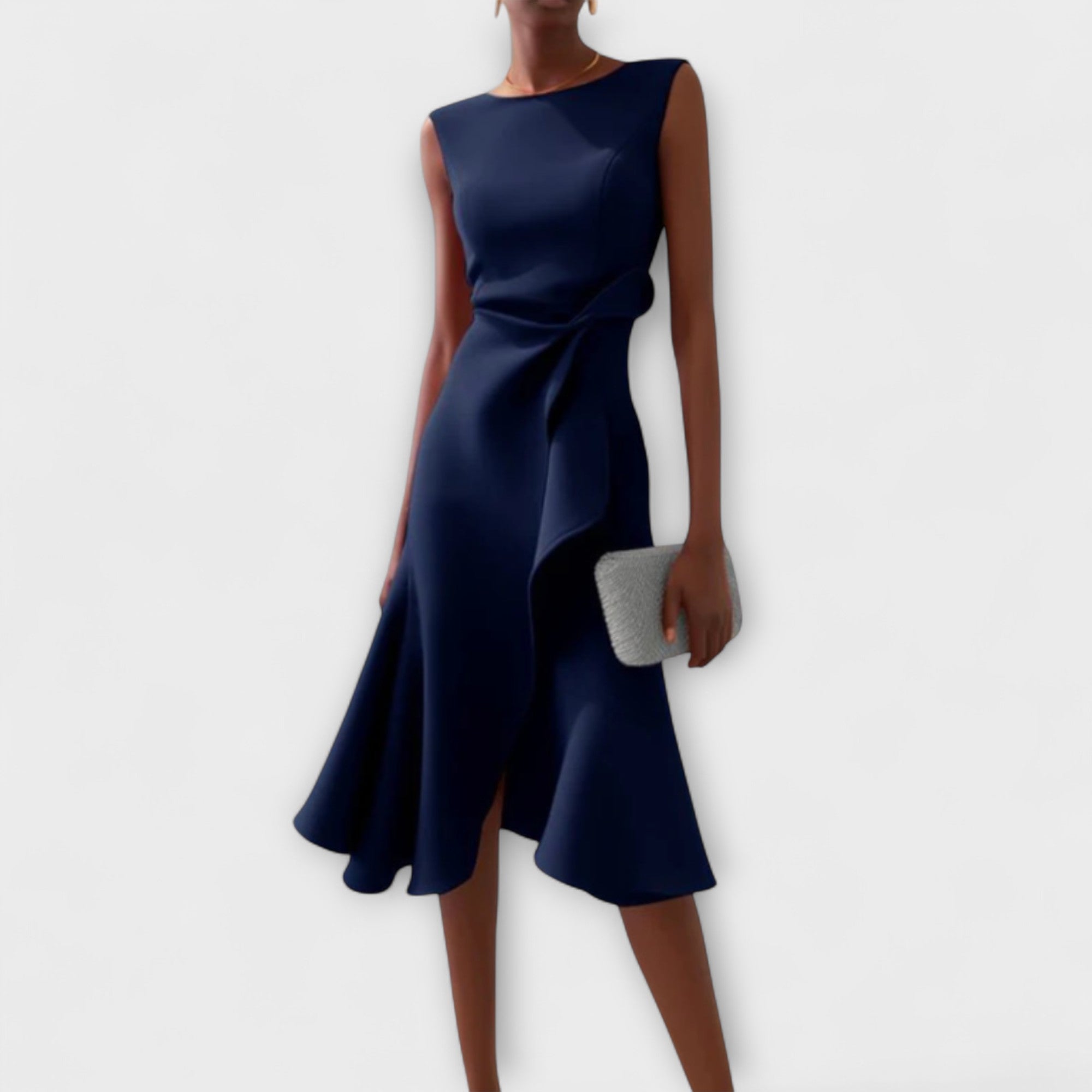 Asymmetrical Midi Dress with Fluid Drape and Sleeveless Cut, Lightweight Fabric for Events