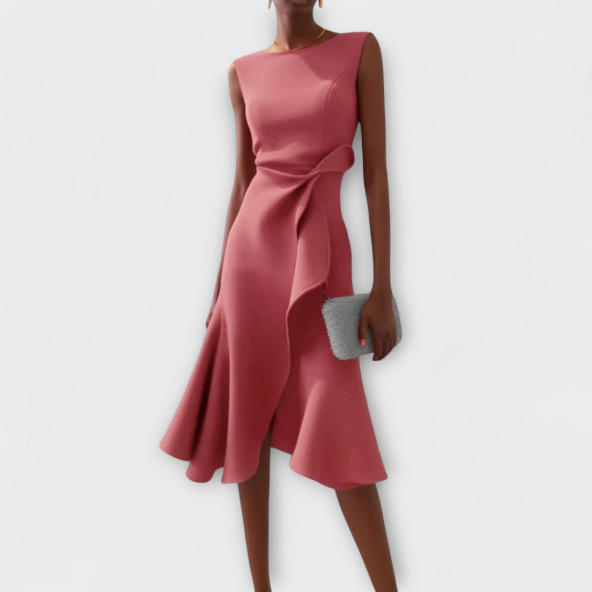 Asymmetrical Midi Dress with Fluid Drape and Sleeveless Cut, Lightweight Fabric for Events