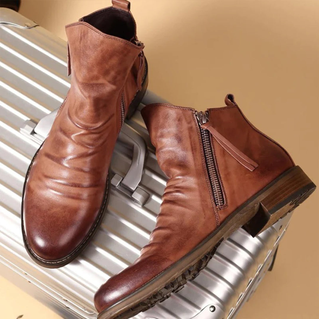Mens Brown Leather Ankle Boots with Side Zipper and Cushioned Footbed