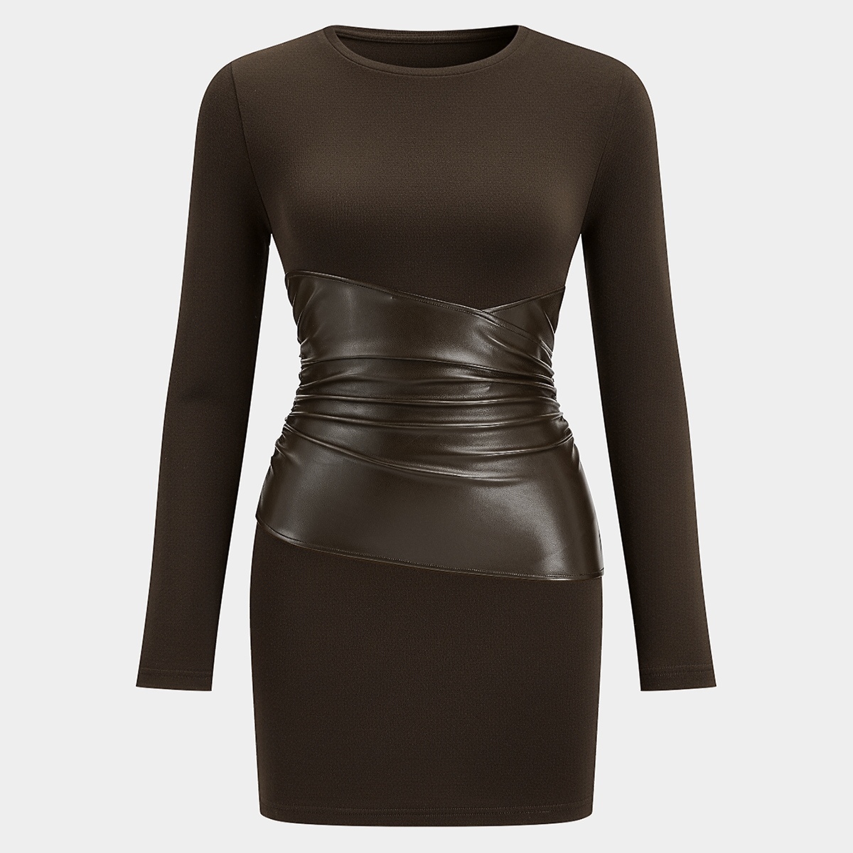 Mini Bodycon Dress with Faux Material Panel and Long Sleeves - Crew Neckline