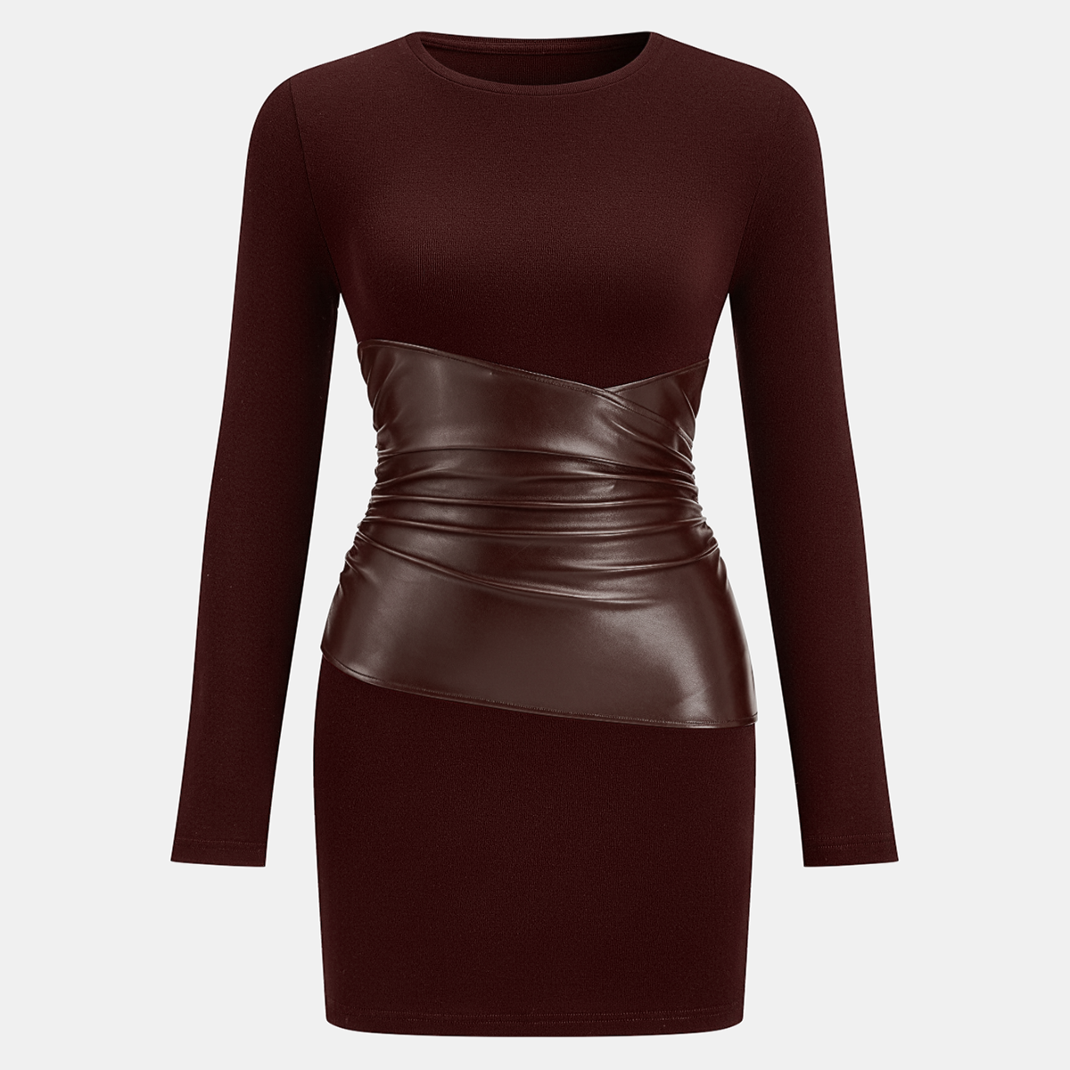 Mini Bodycon Dress with Faux Material Panel and Long Sleeves - Crew Neckline