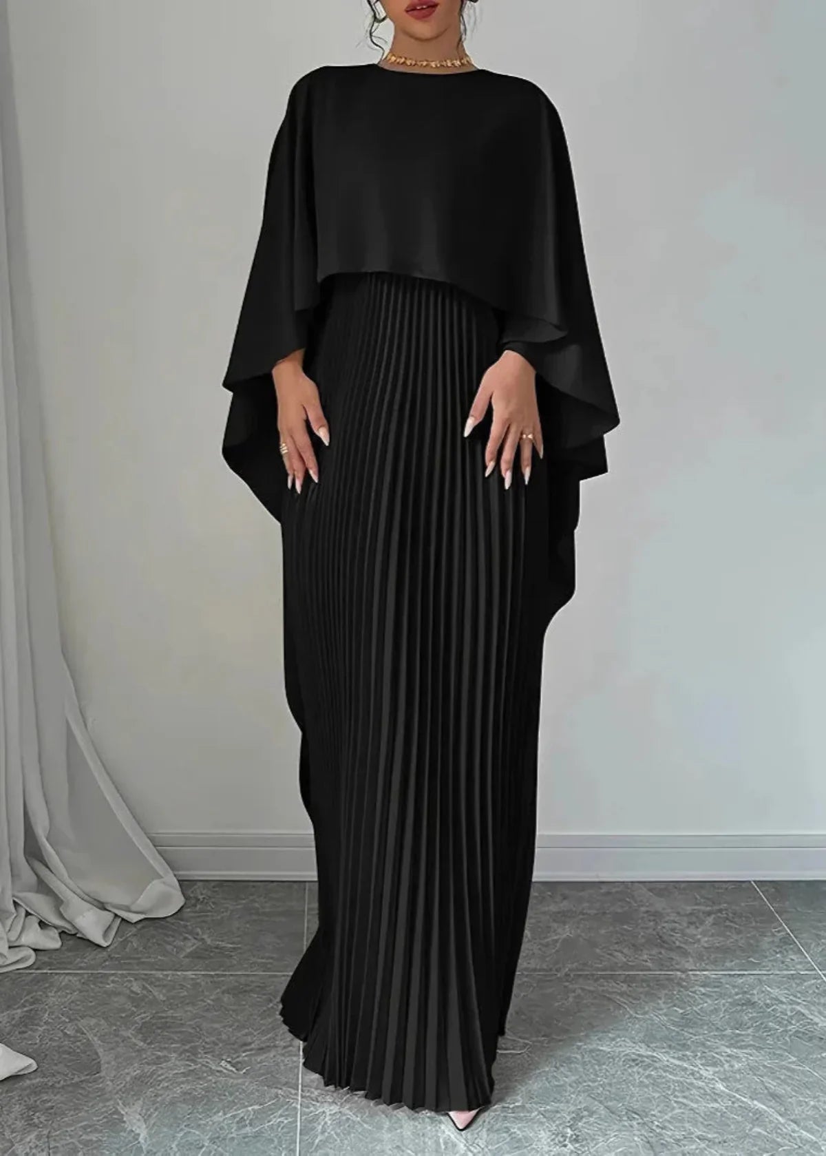 Pleated Maxi Dress with Cape Overlay and Tailored Bodice, Floor-Length