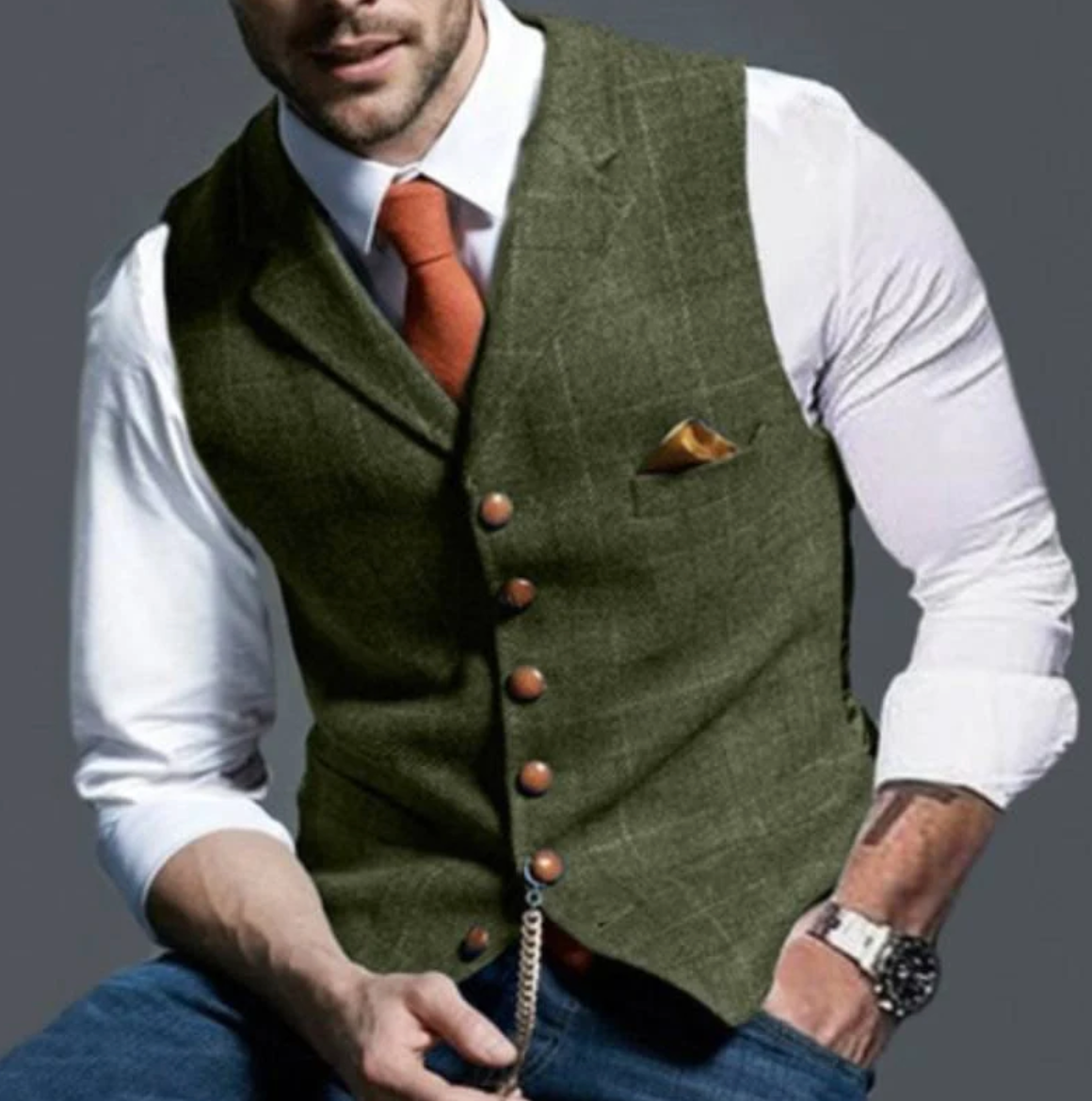 Men's V-Neck Vest with Adjustable Back Strap and Button Front, Woven Blend