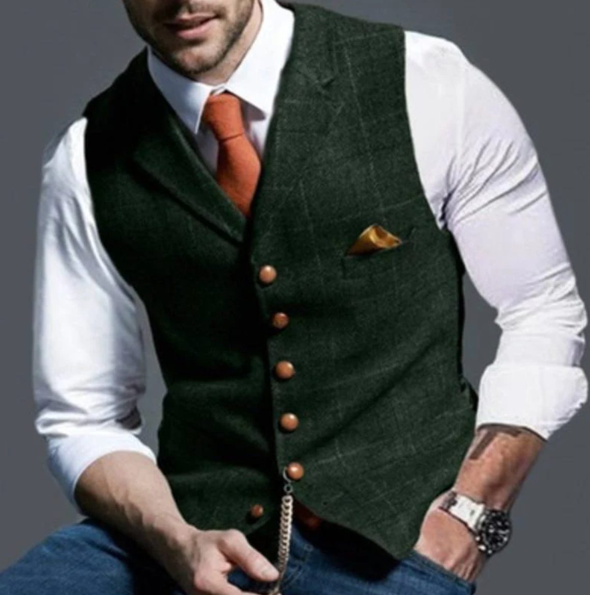 Men's V-Neck Vest with Adjustable Back Strap and Button Front, Woven Blend