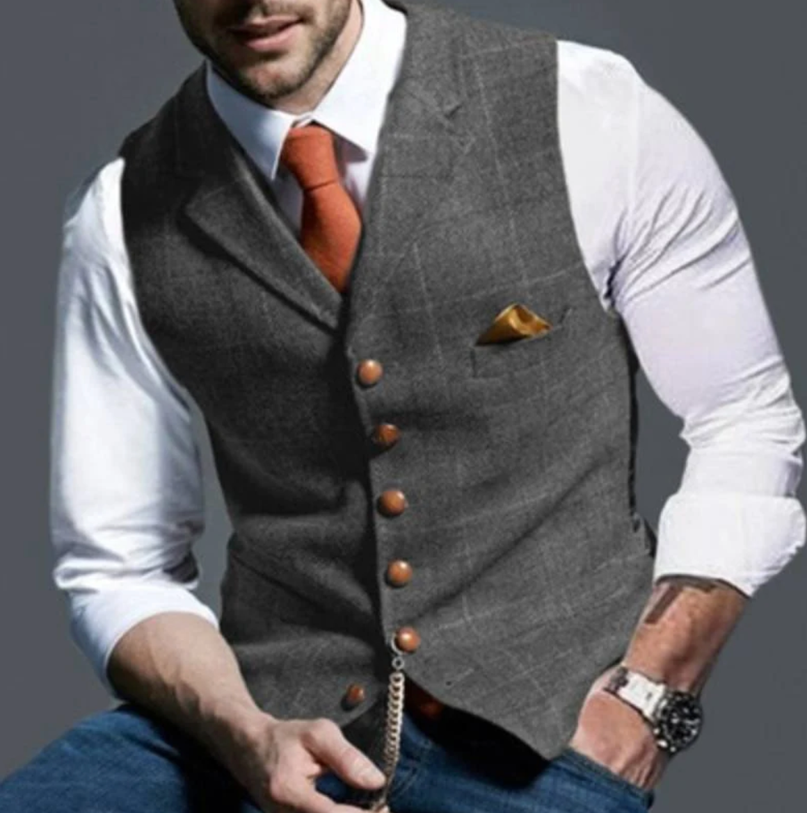 Men's V-Neck Vest with Adjustable Back Strap and Button Front, Woven Blend