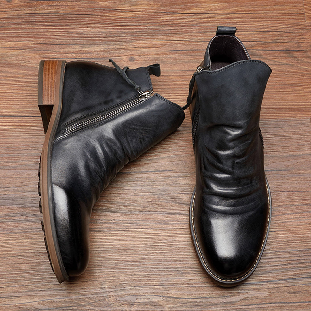 Mens Brown Leather Ankle Boots with Side Zipper and Cushioned Footbed