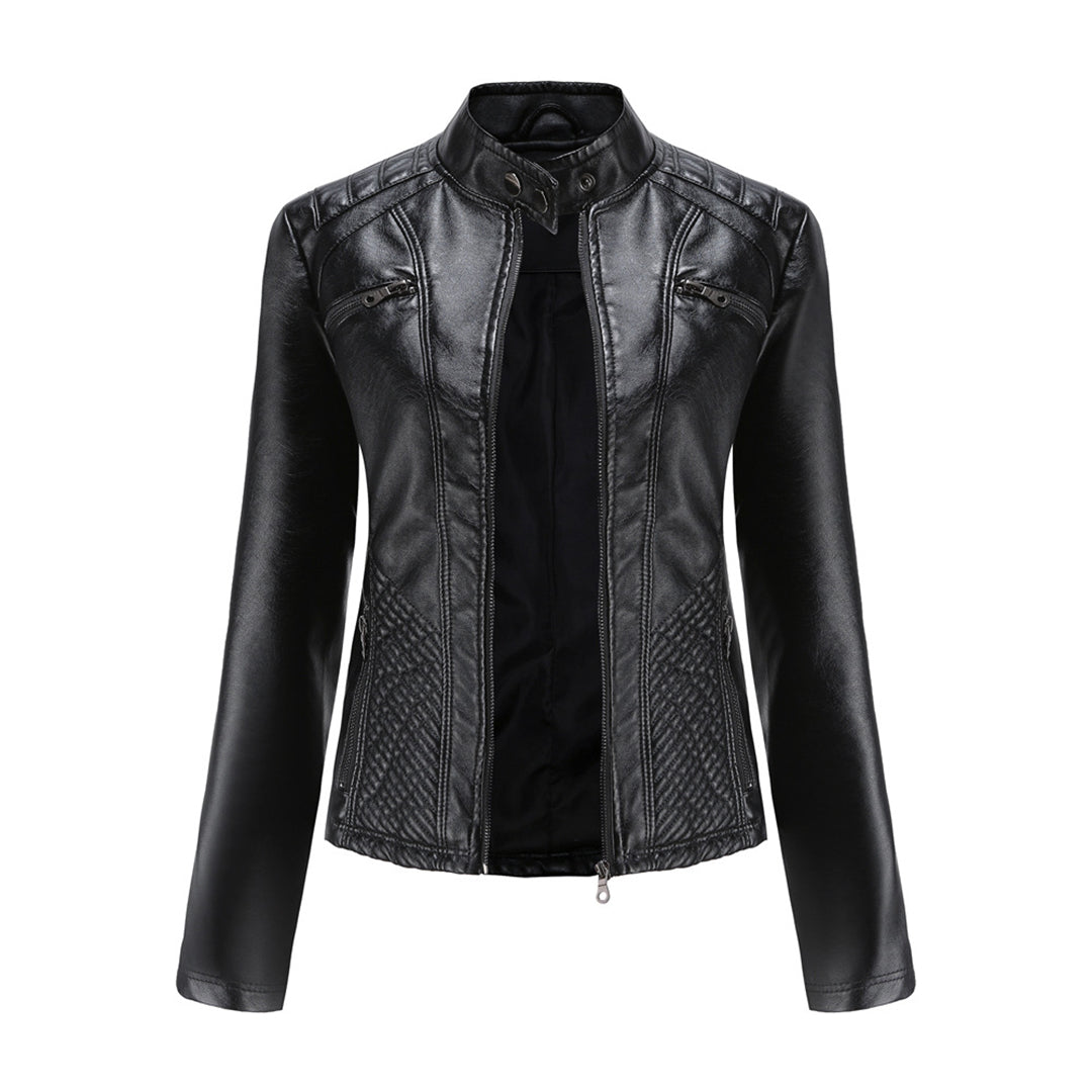 Women's Faux Leather Biker Jacket with Quilted Shoulders and Tailored Fit, Zip Pockets