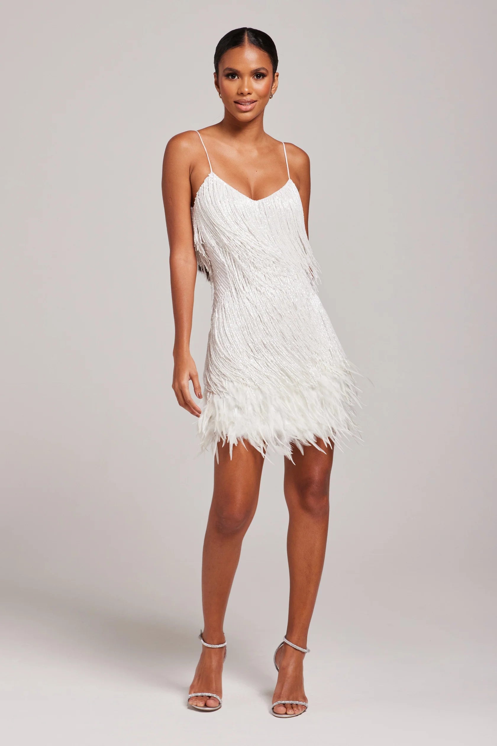 Cocktail Dress with Feather Fringe and Tailored Silhouette, Above Knee Length