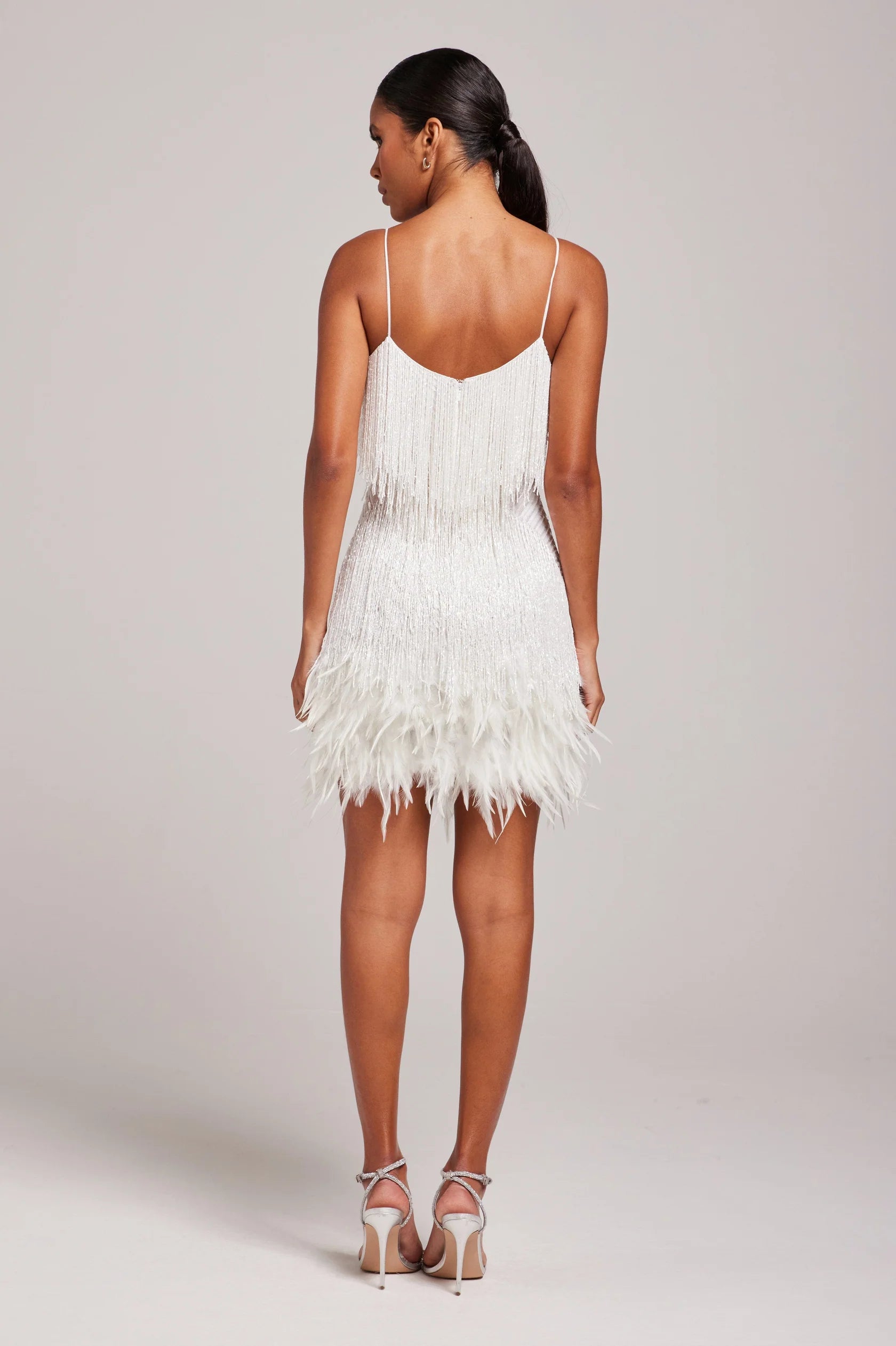 Cocktail Dress with Feather Fringe and Tailored Silhouette, Above Knee Length