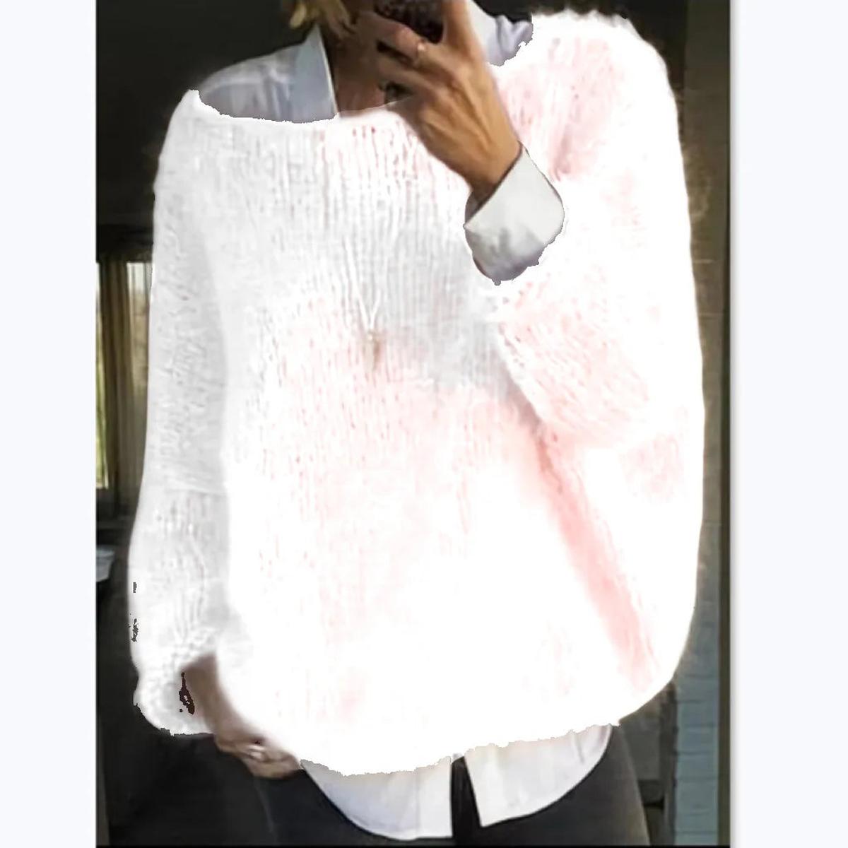 Long Sleeve Knit Sweater for Women with Soft Fuzzy Texture and Relaxed Fit, Ribbed Hem