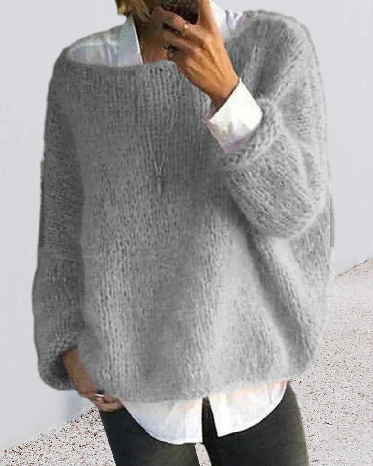 Long Sleeve Knit Sweater for Women with Soft Fuzzy Texture and Relaxed Fit, Ribbed Hem