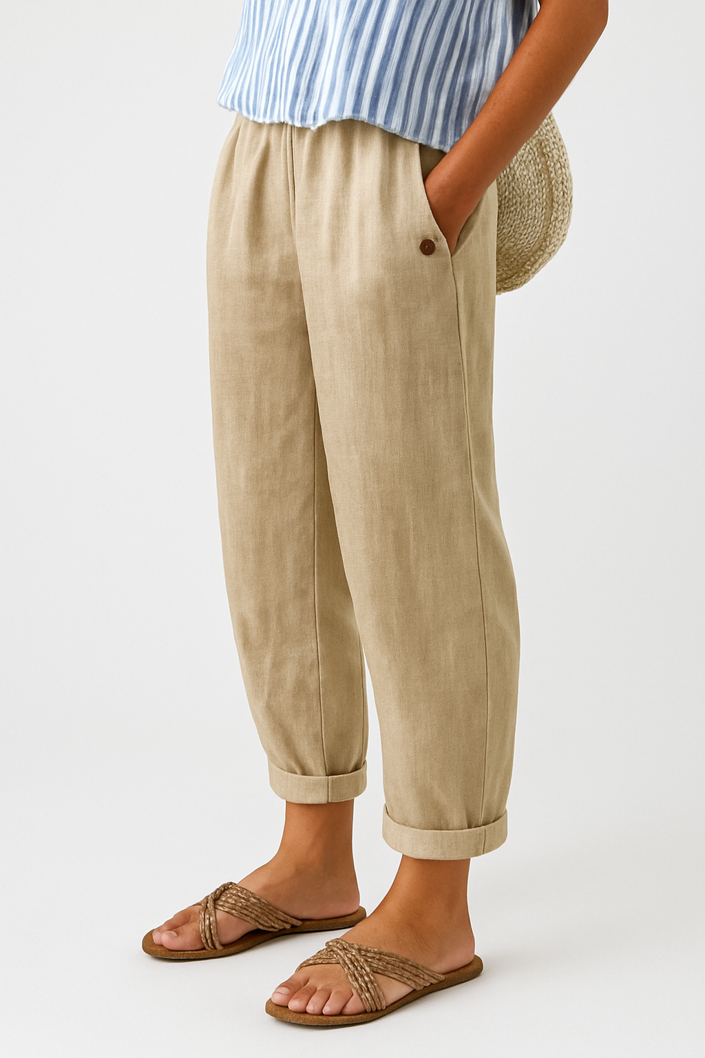 Lightweight Straight-Leg Pants with Elastic Waistband and Side Pockets