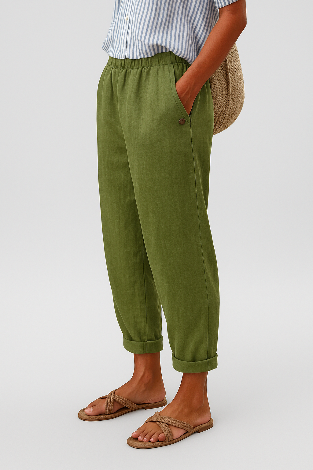 Lightweight Straight-Leg Pants with Elastic Waistband and Side Pockets