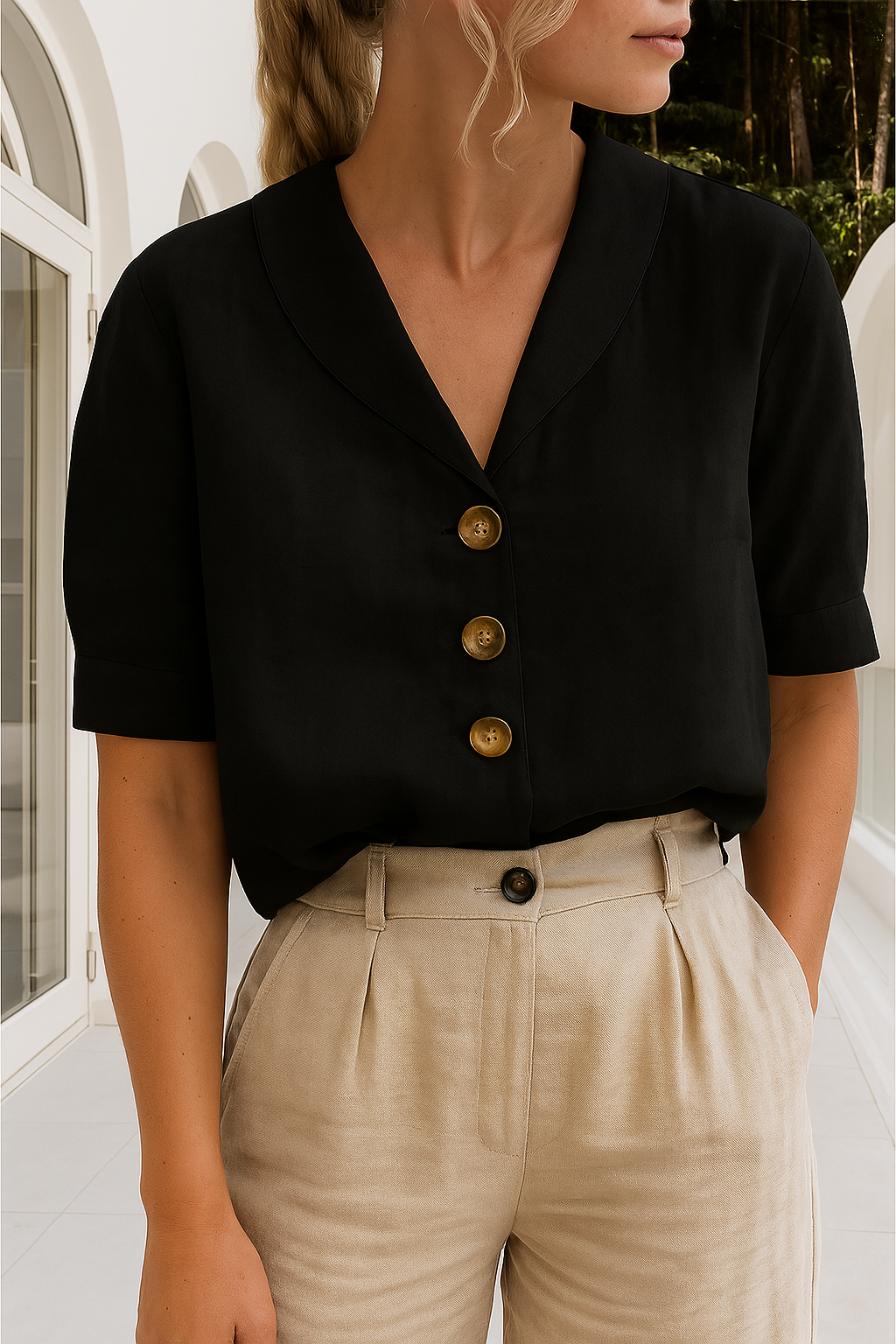 Wrap Neckline Blouse with Lightweight Breathable Fabric and Versatile Styling
