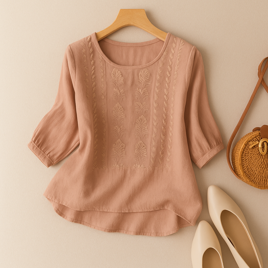 Embroidered Blouse with Relaxed Fit and Classic Collar, Long Sleeves