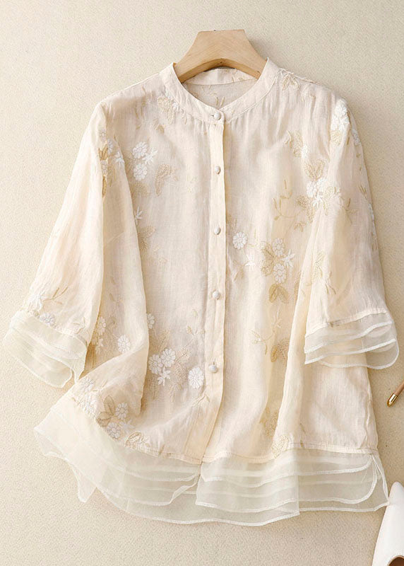 Women's Long Sleeve Blouse with Delicate Floral Embroidery and Relaxed Fit