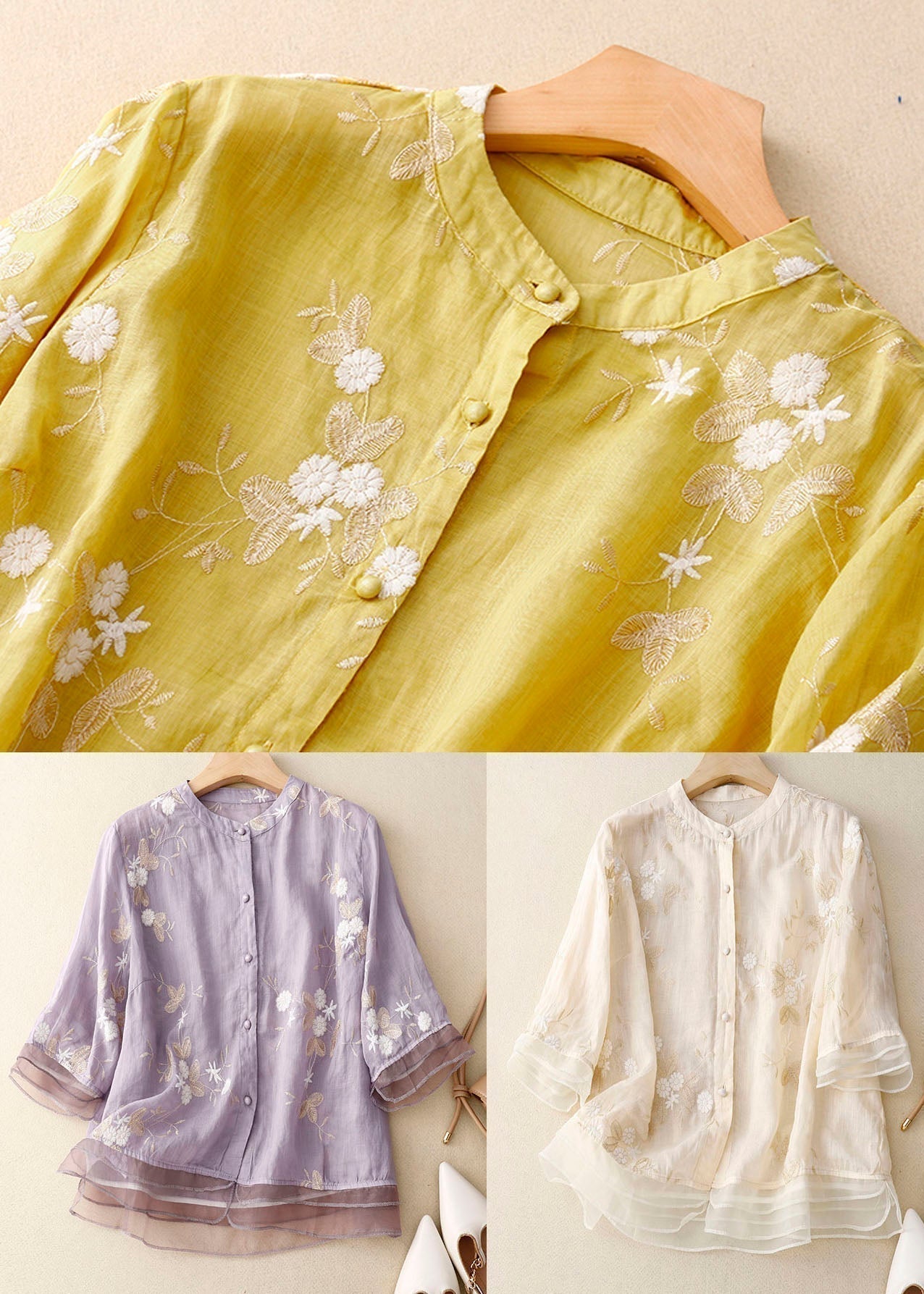 Women's Long Sleeve Blouse with Delicate Floral Embroidery and Relaxed Fit