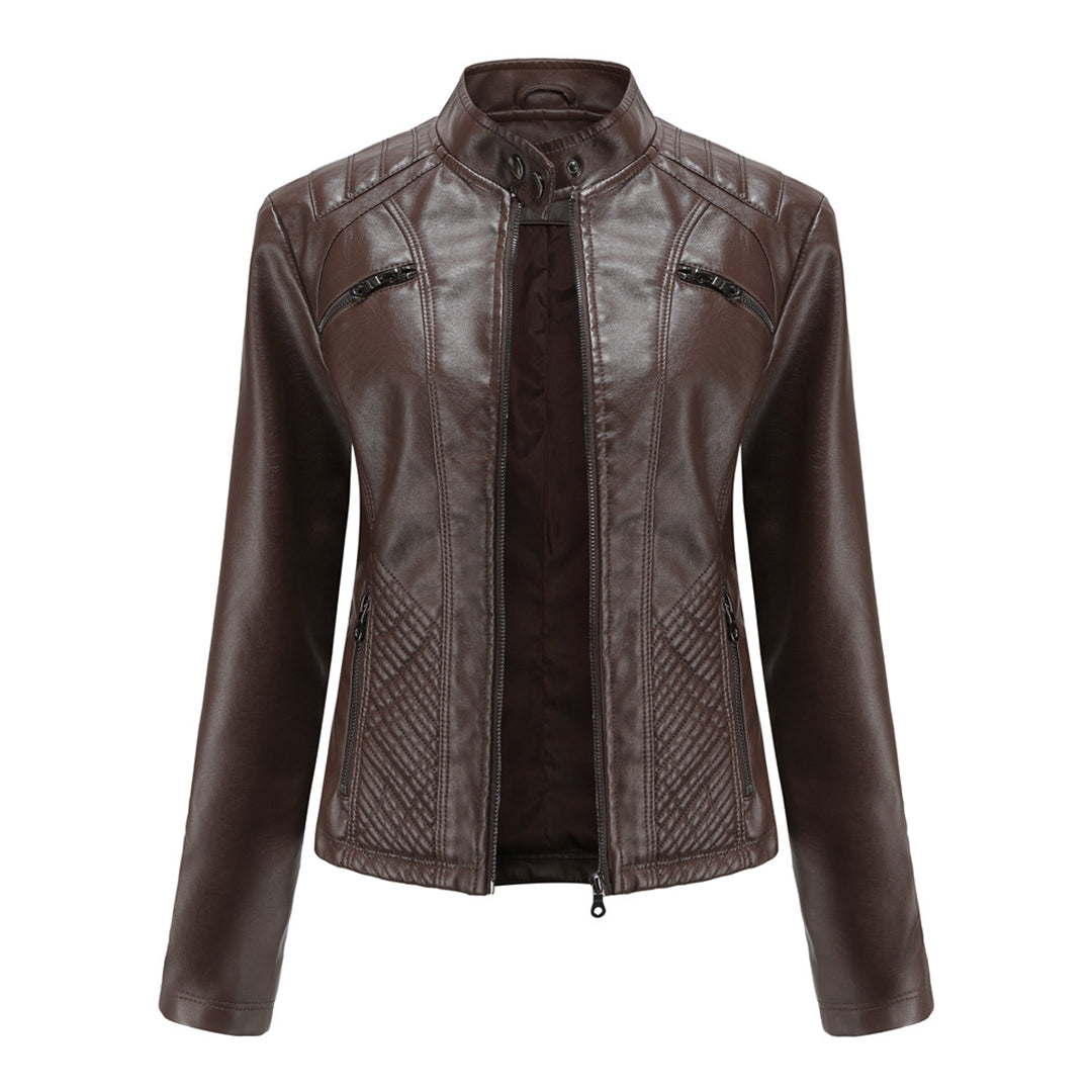 Women's Faux Leather Biker Jacket with Quilted Shoulders and Tailored Fit, Zip Pockets