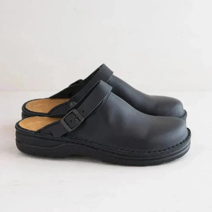 Leather Slip-On Clogs with Cushioned Thick Sole and Removable Padded Insole, Backless