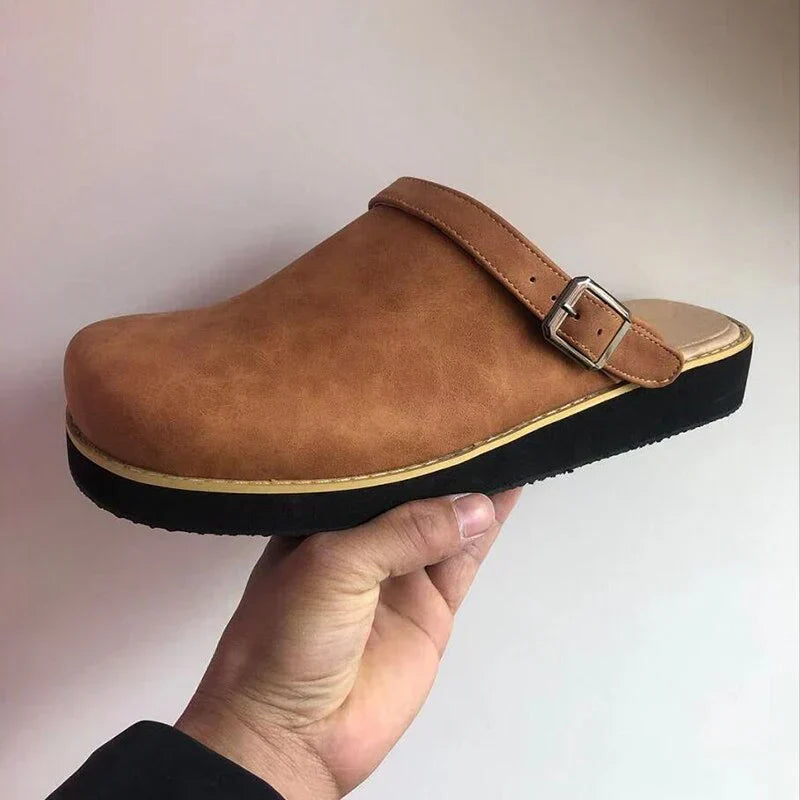 Leather Slip-On Clogs with Cushioned Insole and Durable Rubber Outsole, Breathable Lining