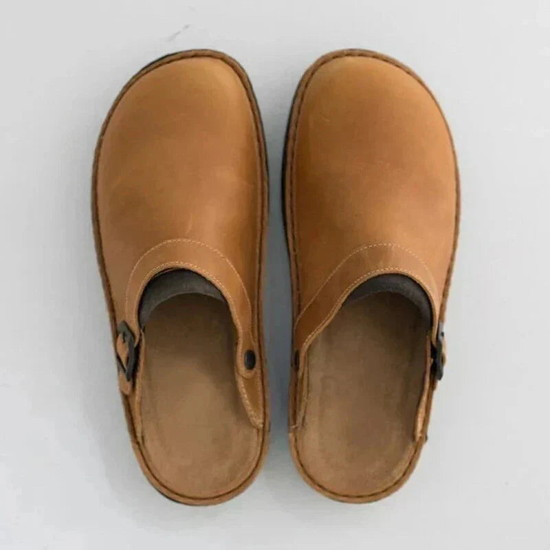Leather Slip-On Clogs with Cushioned Thick Sole and Removable Padded Insole, Backless