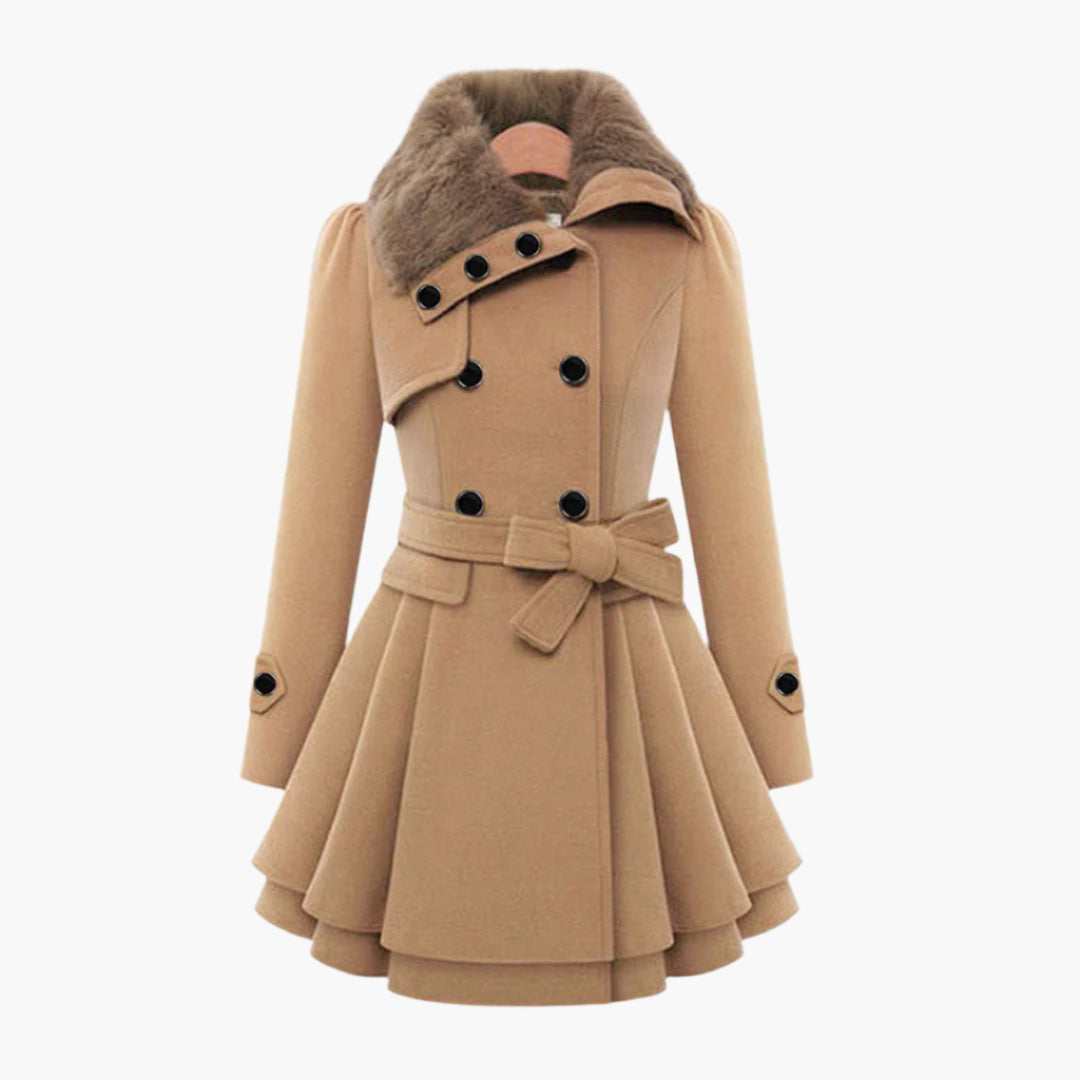 Women's Short Dress Coat with Faux Fur Collar and Adjustable Waist Tie