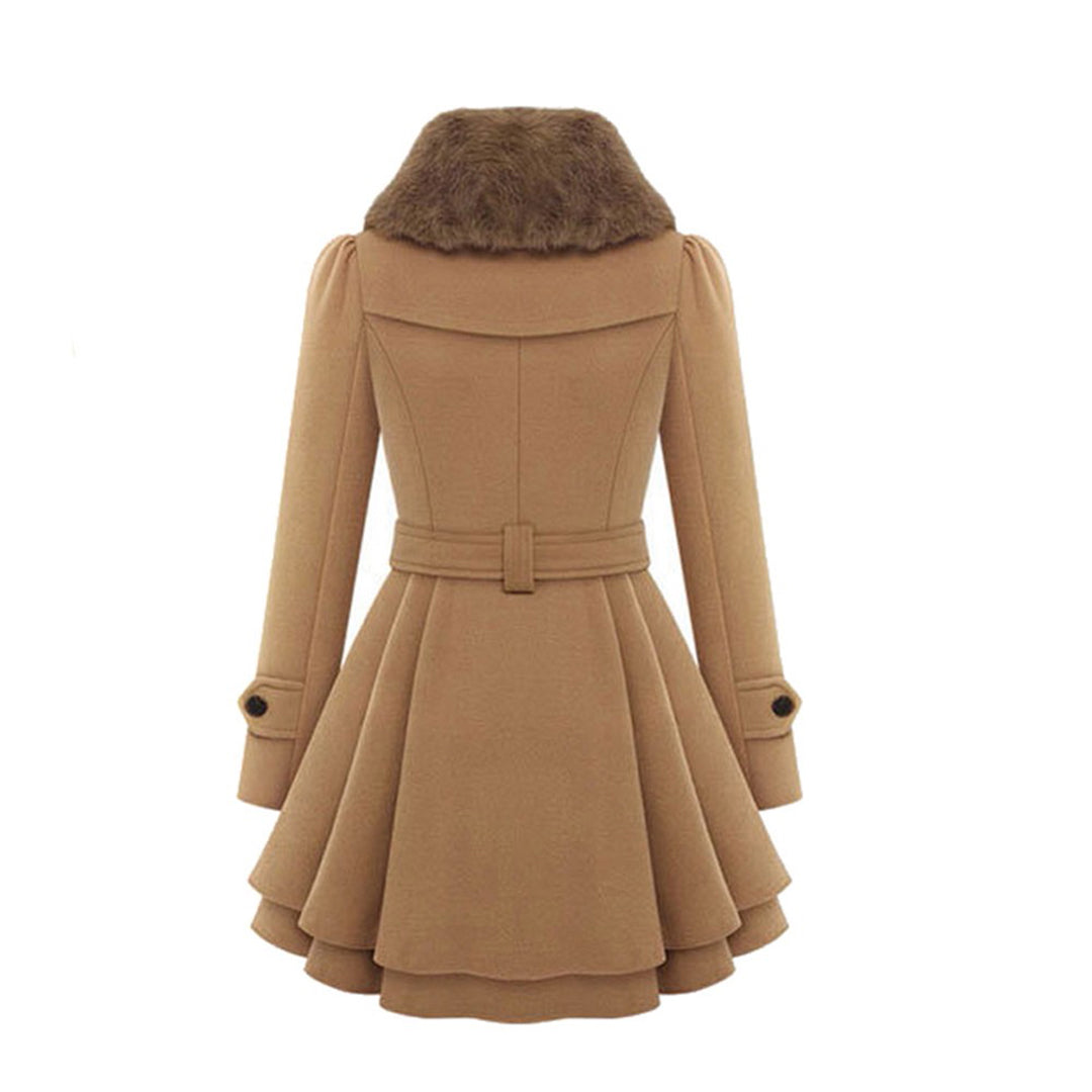 Women's Short Dress Coat with Faux Fur Collar and Adjustable Waist Tie