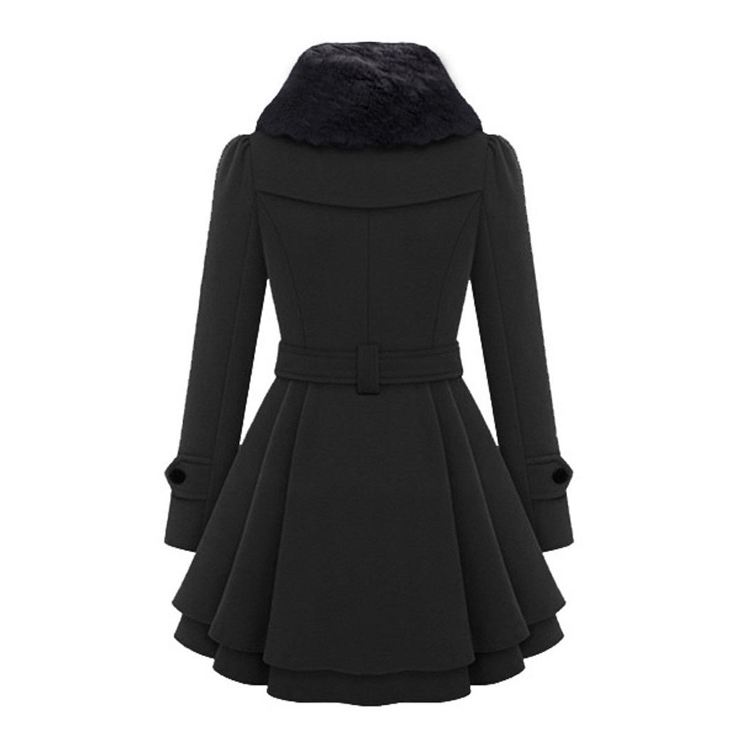 Women's Short Dress Coat with Faux Fur Collar and Adjustable Waist Tie