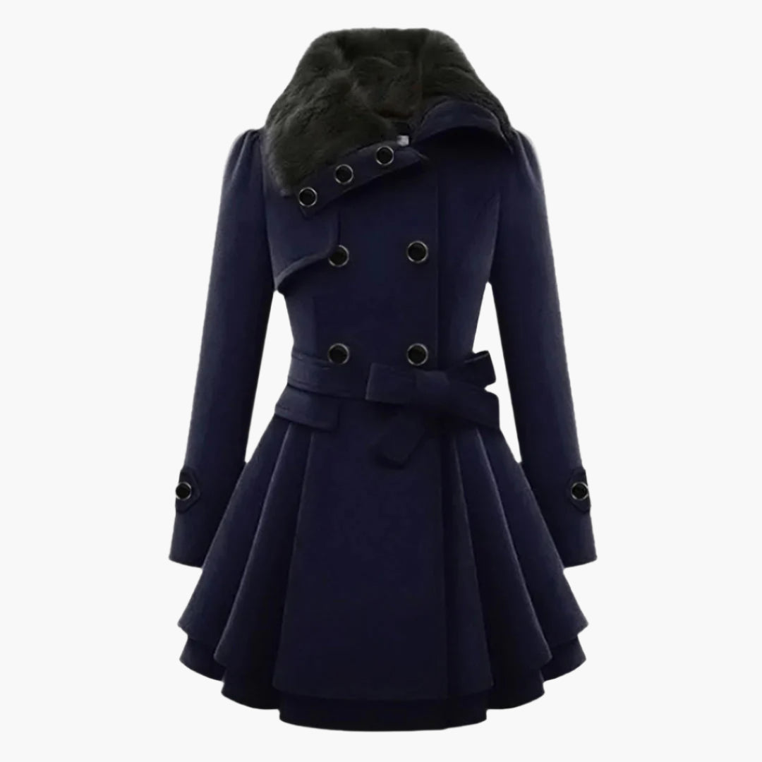 Women's Short Dress Coat with Faux Fur Collar and Adjustable Waist Tie