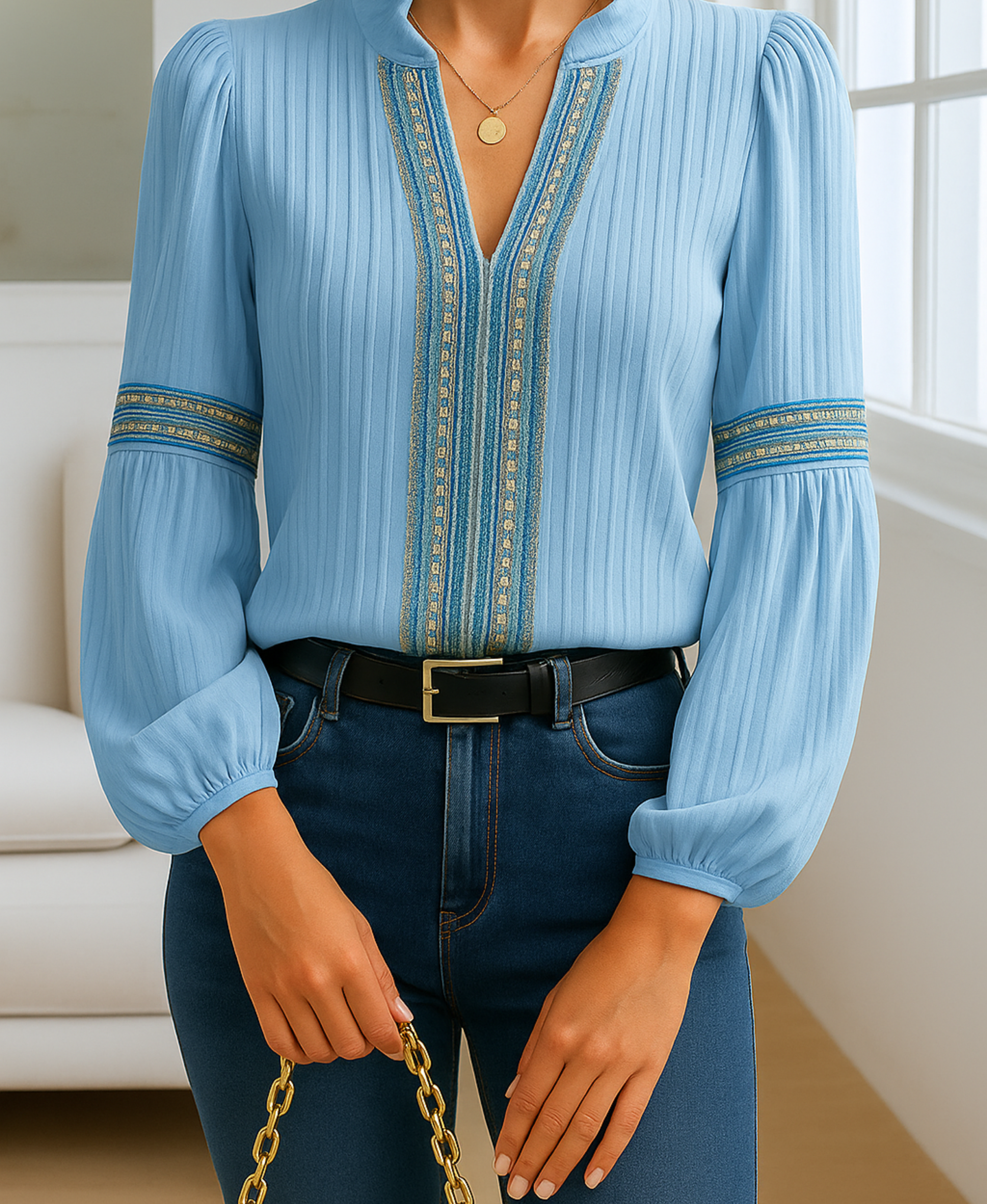Women's Cotton Blend V-Neck Blouse with Pleated Shoulders and Relaxed Fit
