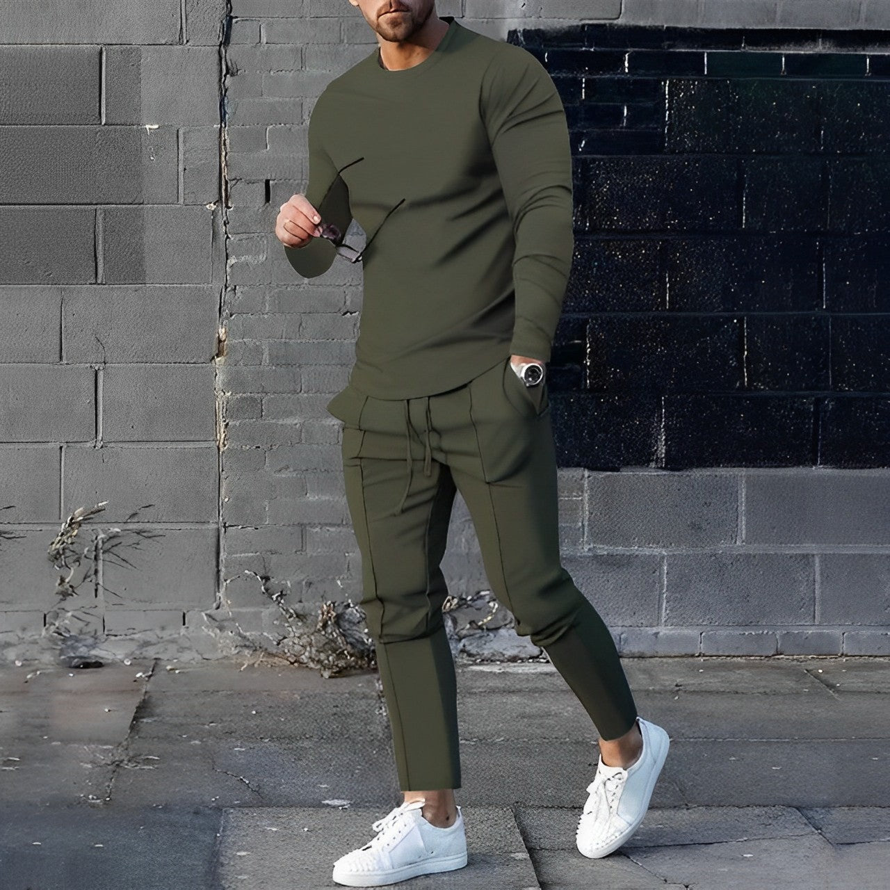 Men's Two-Piece Loungewear Set with Long-Sleeve Top and Jogger Pants, Relaxed Fit