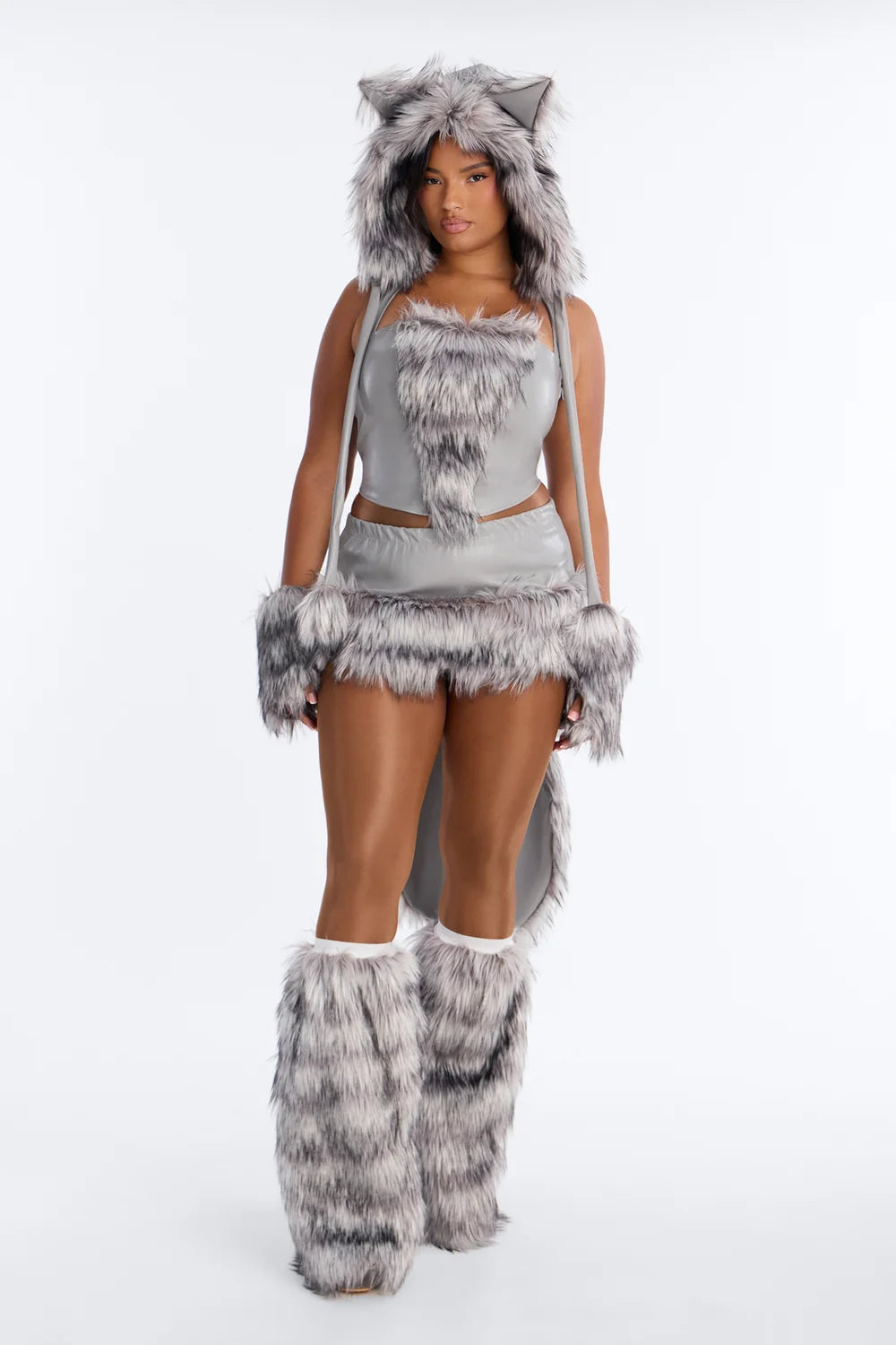 Women Faux Fur Animal Costume Set with Hooded Jacket and Leg Warmers