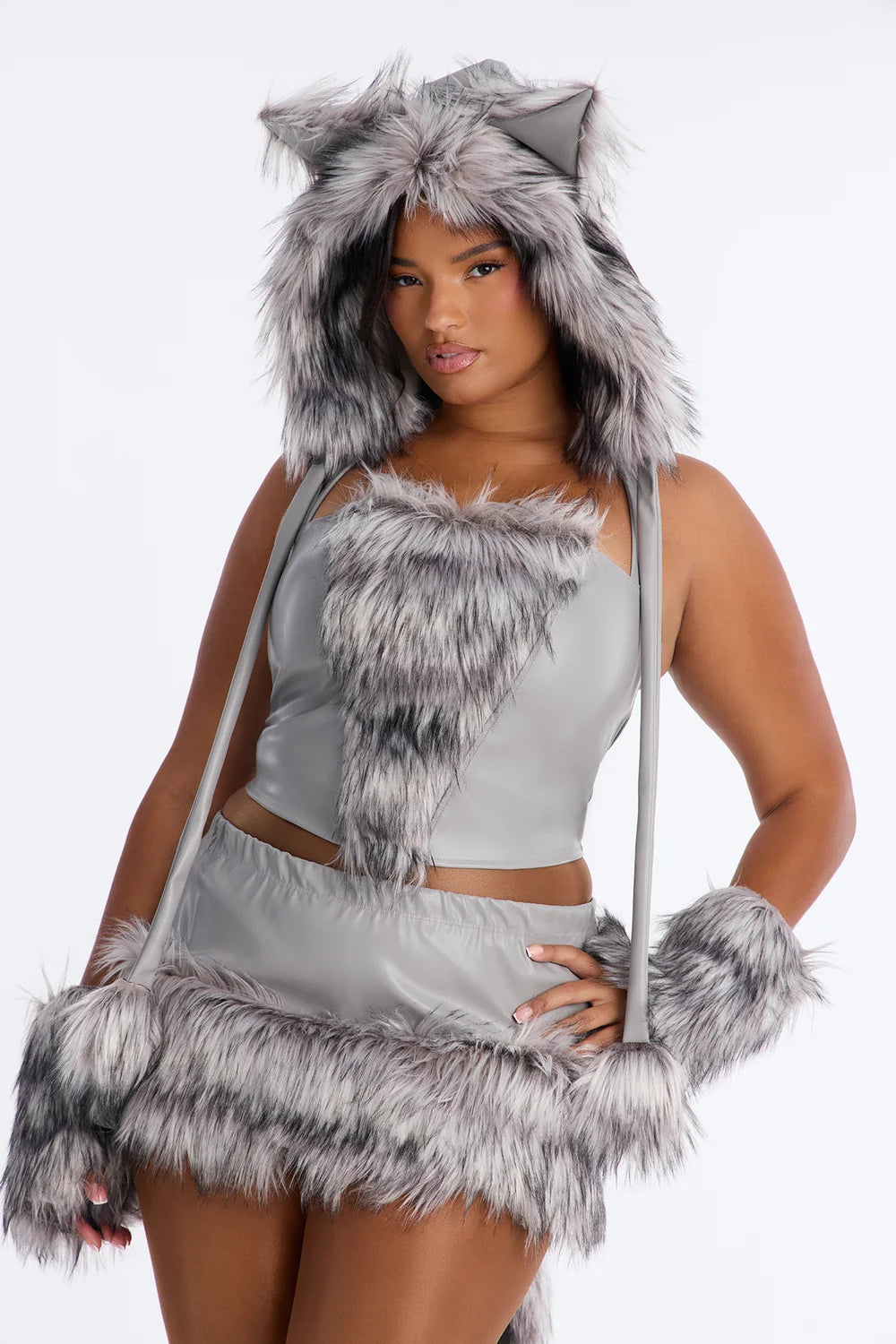 Women Faux Fur Animal Costume Set with Hooded Jacket and Leg Warmers