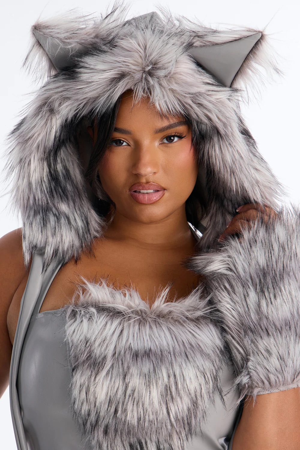 Women Faux Fur Animal Costume Set with Hooded Jacket and Leg Warmers