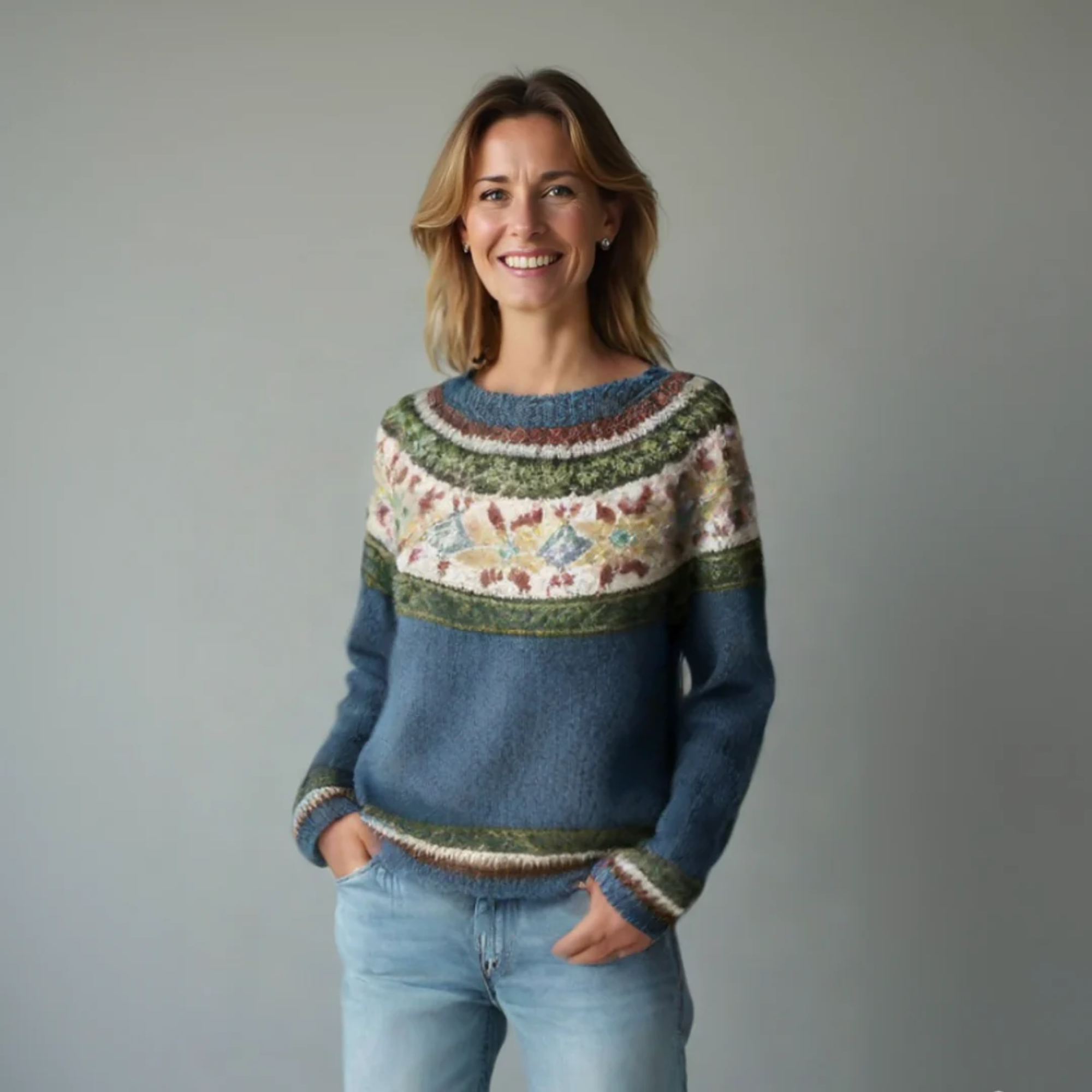 Multicolor Nordic-Inspired Sweater with Boat Neckline and Relaxed Fit
