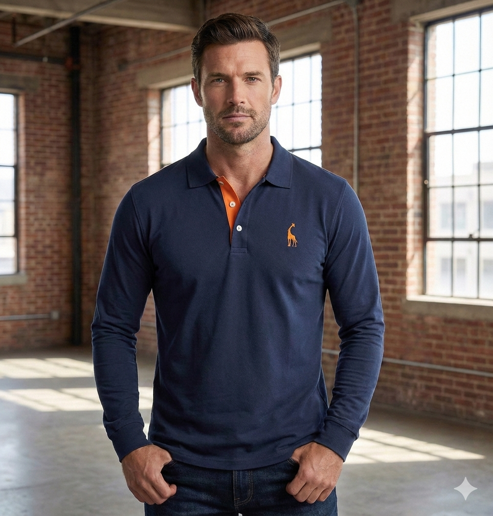 Men's Long Sleeve Polo Shirt with Slim Fit and Button Placket, Machine Washable