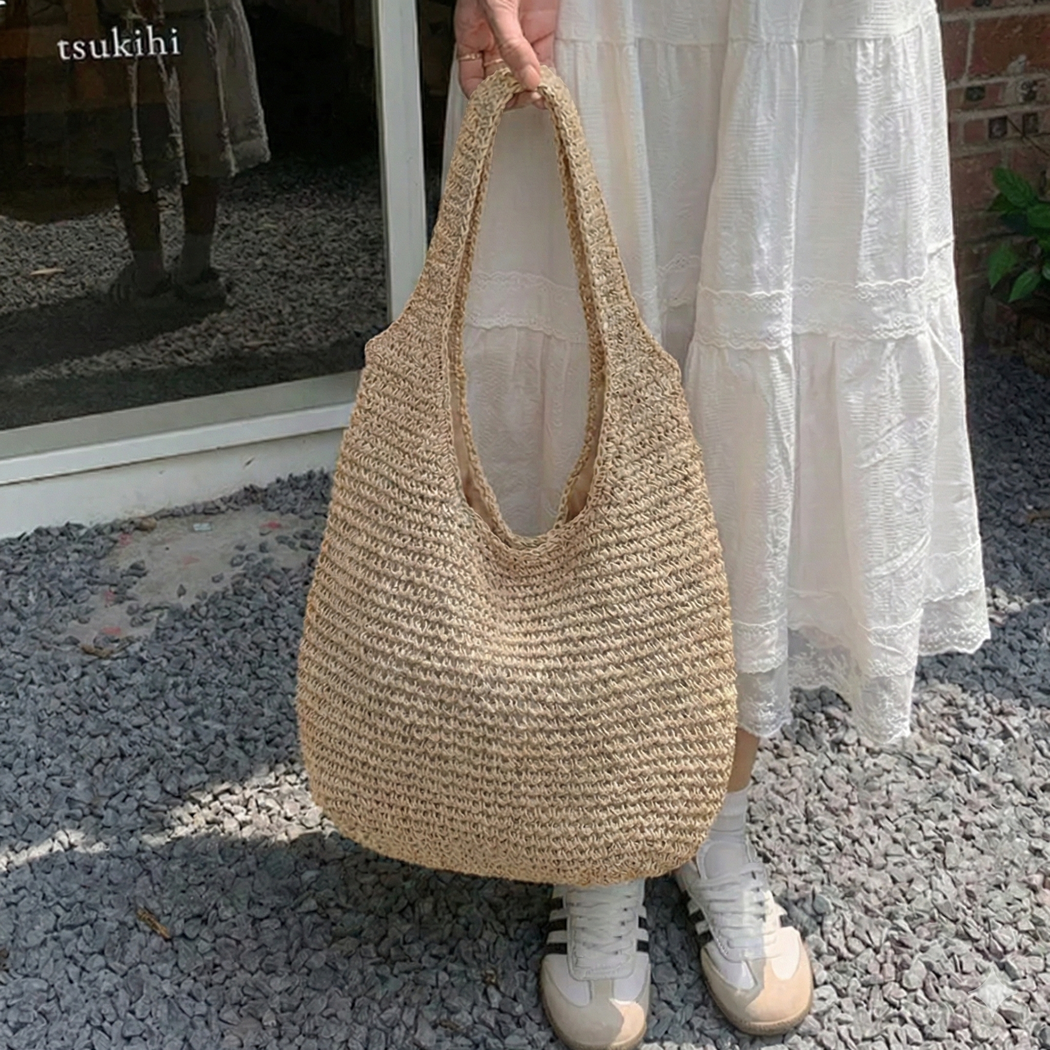 Woven Tote for Women with Curved Silhouette and Long Shoulder Strap, 14 x 5 x 11 in