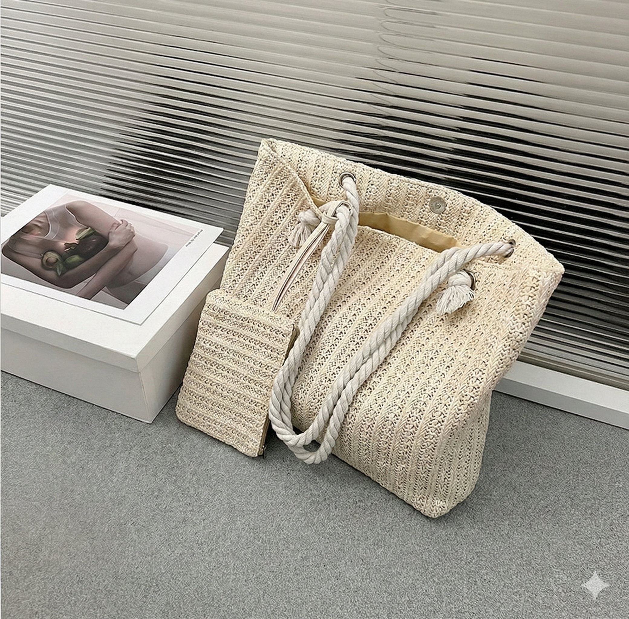 Beach Tote with Rope Handles and Matching Pouch, Woven Straw Texture