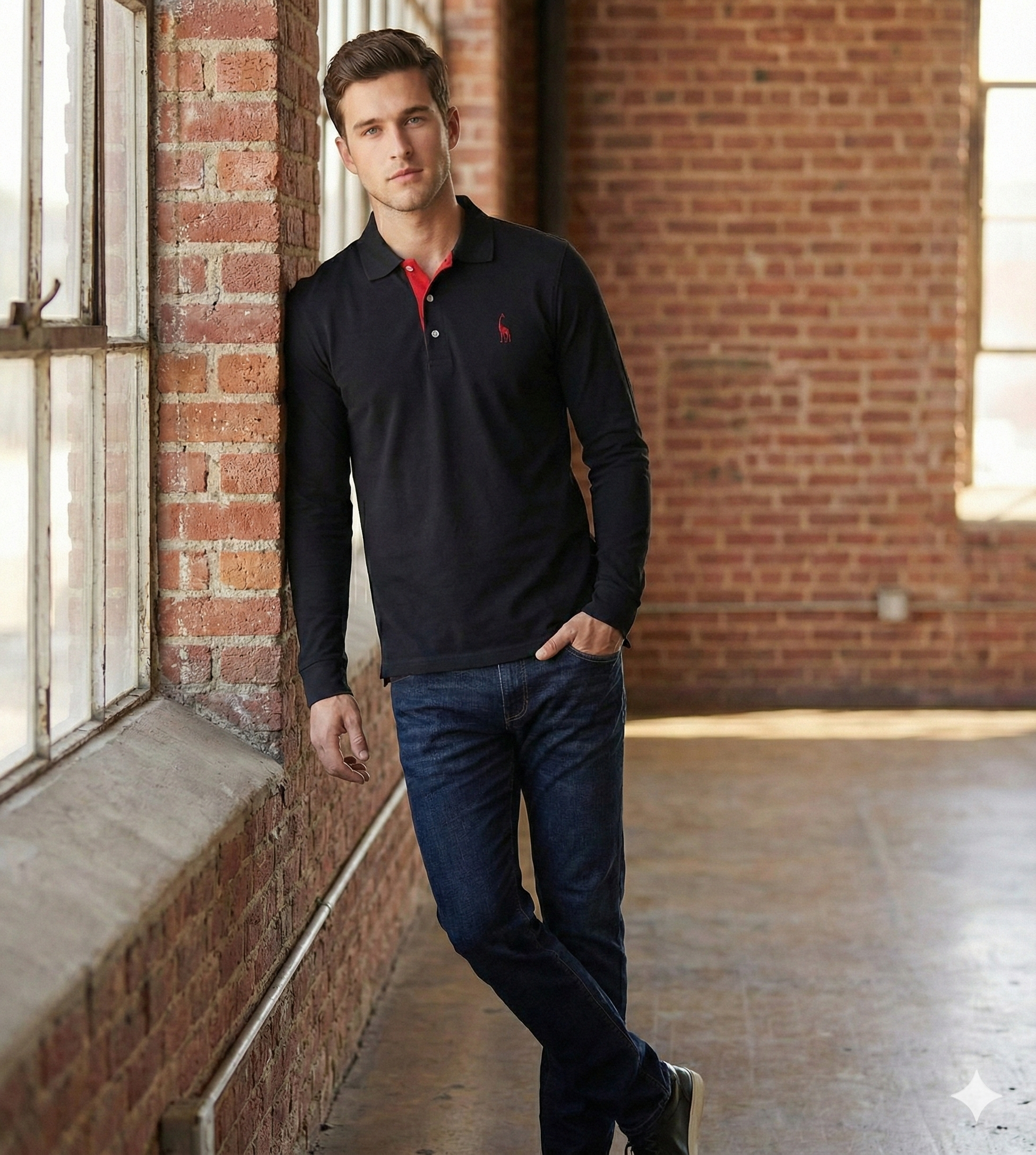 Men's Long Sleeve Polo Shirt with Slim Fit and Button Placket, Machine Washable
